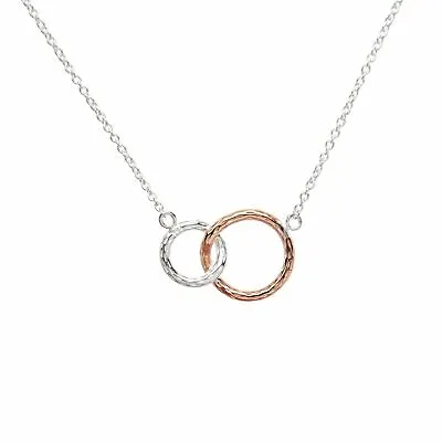 925 Silver Necklace Rose Gold Plated Hammered Interlocking Circle - Silverly • £38.49