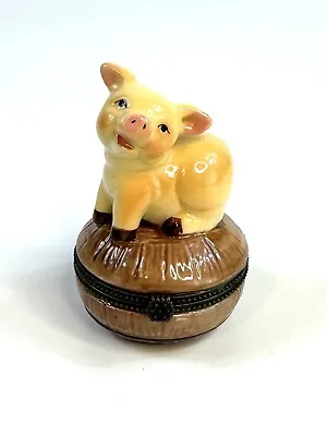 Porcelain Hinged Trinket Box Playful Happy Pig • $14.99