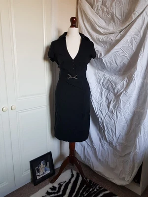 £14.99 • Buy Jane Norman Black Dress Collar Wiggle Pencil Open V Neck Horsebit Size 12