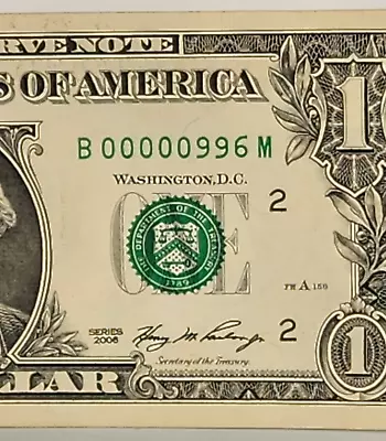 3 Digit Fancy Serial Number One Dollar Bill B 00000996 M Trinary Flipper 0s 9s 6 • $99