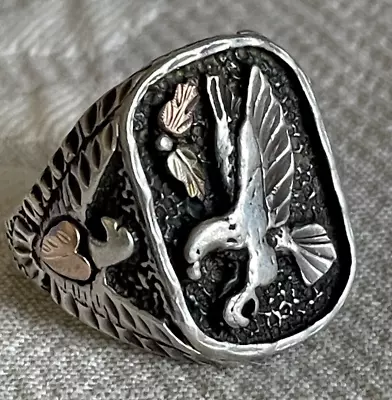 VTG Sterling Silver & 12K BLACK HILLS GOLD Eagle Leaf Men's Ring Sz 10.75 Or 11 • $109.95