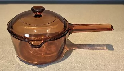 Corning Ware Vision Amber Glass Cookware 1L Sauce Pot Pan Spout With Pyrex Lid • $25.99