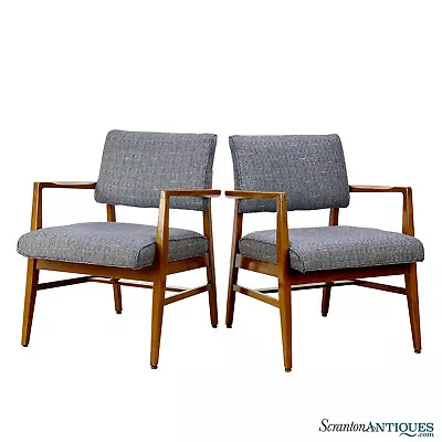 Mid-Century Modern Walnut Sculptural Blue Upholstered Arm Chairs - A Pair • $760