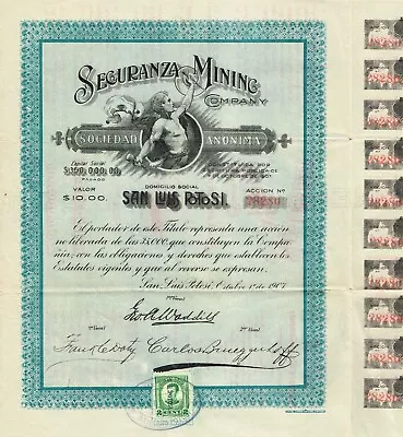 MEXICO SEGURANZA MINING COMPANY SAN LUIS POTOSI Stock/bond Certificate • $49.99