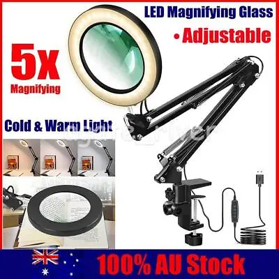 Large Lens Lighted Lamp Desk Magnifier 5x Magnifying Glass W/ Clamp LED Light • $22.72