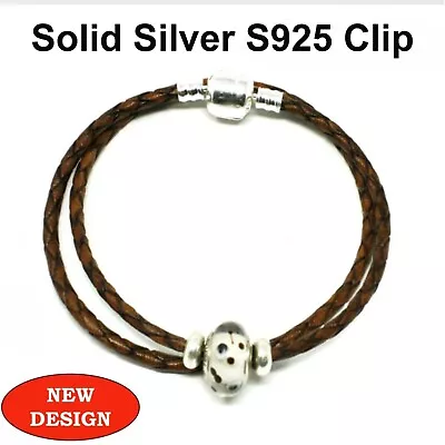 Double Leather Bracelet With S925 Silver Clip Stoppers & Murano Charm In Brown • £14.99