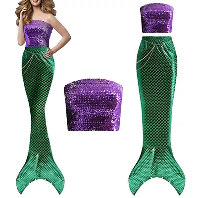 Women Mermaid Costume Halloween Fish Tail Skirt Party Bandeau Tube Top Sequins • $8.27