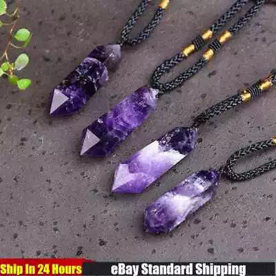 Natural Dreamy Amethyst Quartz Crystal Point Wand Pendant Healing Stone Necklace • $11.79