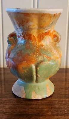 Vintage Morton Pottery Small 3 1/4  Vase / Urn Orange End-of-Day Swirl Design • $5