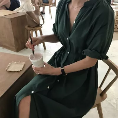 Lady Shirt Dress Long Sleeve Button Down V-Neck Loose Maxi Split Casual Top Midi • $42.08