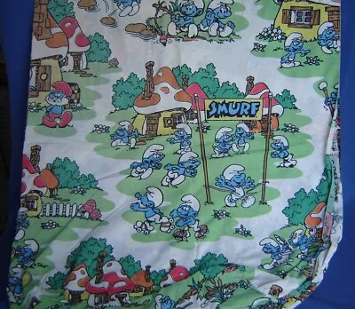 Vintage 1980's SMURFS CARTOON TWIN BED SHEET ~Bottom Fitted Curtains~Made In USA • $19.50