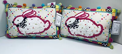2 New Mackenzie Childs Bunny Rabbit Easter Pillows Beaded Pom-Pom Dotty • $180