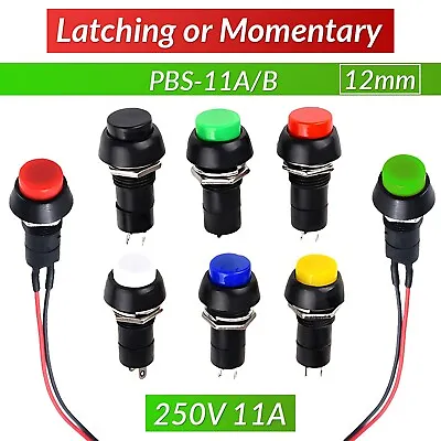 Latching Or Momentary Round Push Button Switch With Cable 12mm SPST 250V 11A • $1.69