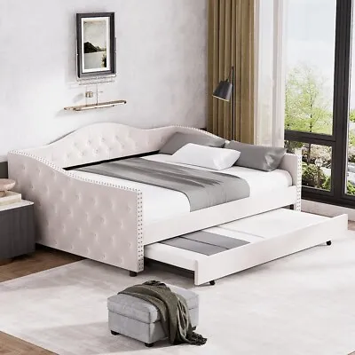 Modern Beige/Grey Upholstered Button Tufted Full Size Day Bed With Trundle Bed • $359.88