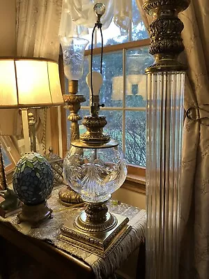 Vintage Cut Crystal Brass Base Large Hollywood Regency Lamp • $85