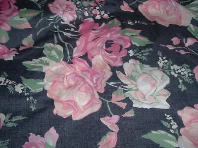 Vtg 80s Concord Pink Roses White Lilly On Blue Black Fabric Quilt Sew 84x56 #FB • $15.99