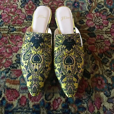 WOMENS Sz 8.5 J CREW POINTED TOE SLIDES IN BROCADE MARIGOLD BLACK New! • $37