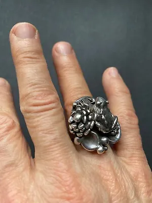 Carl Tasha Brutalist Sterling Silver Frog & Lily Sculpture Statement Ring Size 7 • $235
