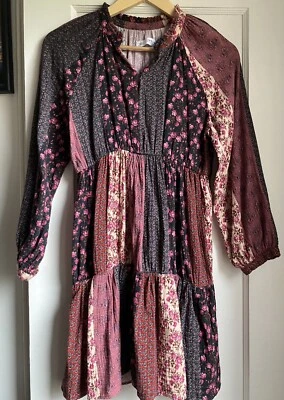 $8.99 • Buy Zara Girls Tiered Maroon Patchwork Dress 100% Cotton Size 13-14
