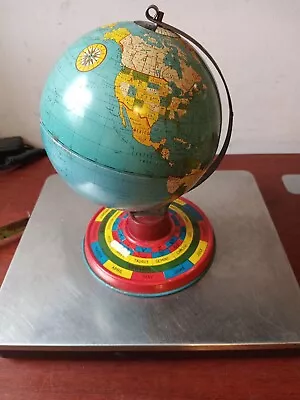 Vintage Tin Litho Zodiac World Globe Tin Toy  Approx 9  Tall 5 7/8  Base • $10