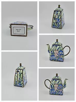 Kelvin Chen - Enamel Decorated Copper Miniature Teapot - Cat In Blue Irises • $16