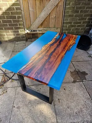 Handmade Resin Coffee Table Yew Wood And Blue Epoxy Handmade Epoxy Table  • £799