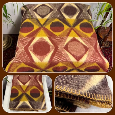 Vintage 60s 70s Red Brown Yellow Geometric Blanket Throw Large 60  X 72  • £30