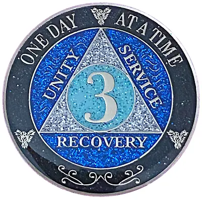 AA 3 Year Medallion Black Rainbow Blue Glitter Alcoholics Anonymous Coin • $25.99