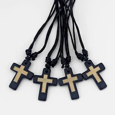 12pcs Tribal Style Faux Yak Bone Crucifix Cross Amulet Pendant Wax Cord Necklace • $11.99