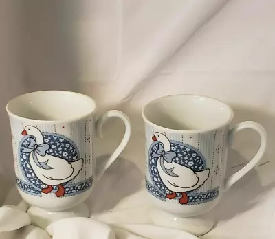 Vintage Blue Bowed Striped Goose Duck Coffee Cups - 2 Mugs • $17.99