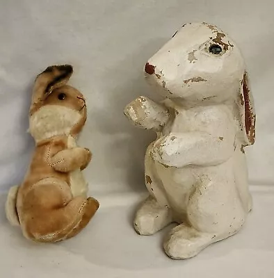 Pair Vintage Easter Bunny Rabbits(Stuffed & Paper Mache} • $36.95