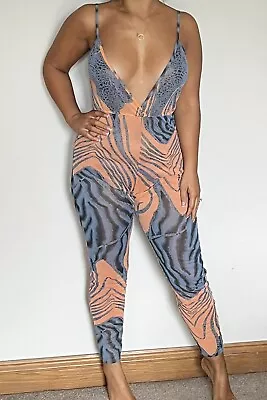 Boohoo Apricot Orange Cover Up Jumpsuit Mesh Tropical Small 8 Bnwt • £14