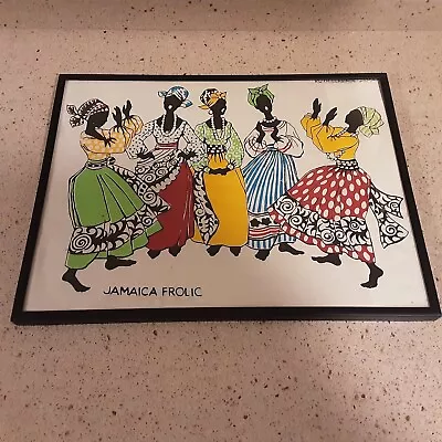 Vintage Framed Ruth Clarage Jamaican Tea Towel On Irish Linen  Jamaica Frolic  • $84.85