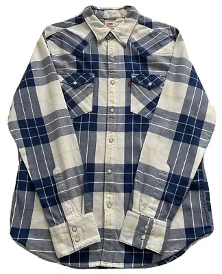 Levi’s Mens Long Sleeve Plaid Flannel Cowboy Shirt Size M Blue/White/Yellow • £19.99