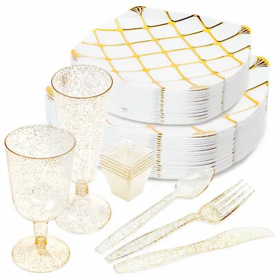 £22.99 • Buy Plastic Champagne Plates Cutlery Glitter Gold Wedding Dinner Set Party Tableware
