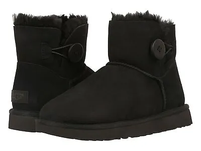 NEW!! Ugg Women's Black Mini Bailey Button II Suede & Sheepskin Boots Size 6 • $94.29