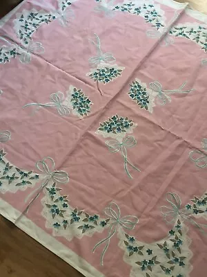Vintage 1950s Pink Turquoise Floral Wedding Bows Tablecloth (California?)  • $199.99