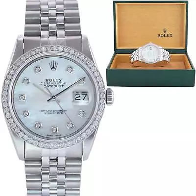 DIAMOND Bezel Rolex DateJust 36mm Mother Of Pearl 16014 Steel Watch Box • $5992.13