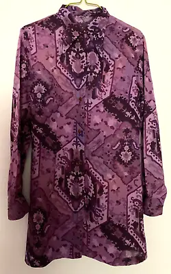 Vintage 70s Purple Psychedelic Print Dagger Collar Slim Fit Long Button Shirt 10 • £19.99