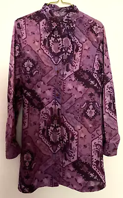 Vintage 70s Purple Psychedelic Print Dagger Collar Slim Fit Long Button Shirt 10 • £19.99
