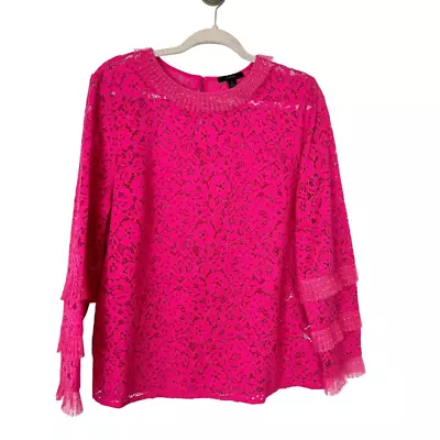 J. Crew Blouse Women Large Pink Floral Lace Crew Neck Long Sleeve Tulle Ruffle • $34