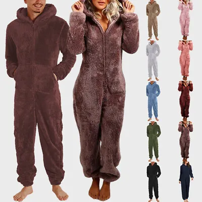 Womens Mens Teddy Bear Fleece Hooded Jumpsuit 1Onesie Loungewear Bathrobe PJs. • £20.39