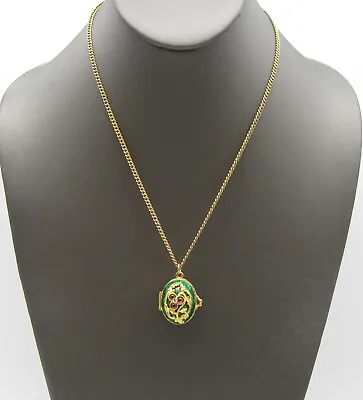 Vintage Green Enamel Garnet Flower Faberge Egg Locket Angel Pendant Necklace • $75