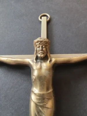 Vintage Brass Metal Wall-Hanging Crucifix - 10  Tall - Unique Distinct Face • $13