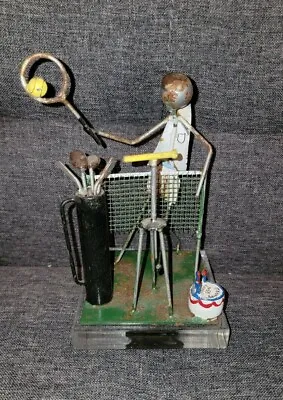 Vintage Handmade Metal Wire Sculpture Tennis PLAYER Figure  Art Glass Base • $5