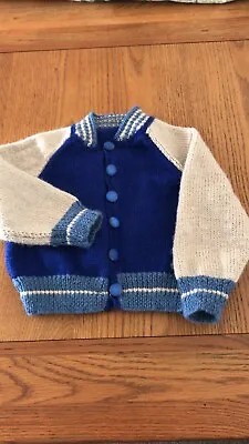 New Hand Knitted Boys Baseball Jacket Royal Blue Light Blue And Beige Size 2-3 Y • £21
