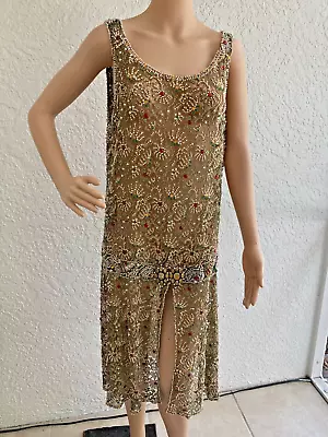 ANTIQUE 1920's BEADED & JEWELED GOLD METALLIC FRENCH LACE FLAPPER DRESS S/M • $1900
