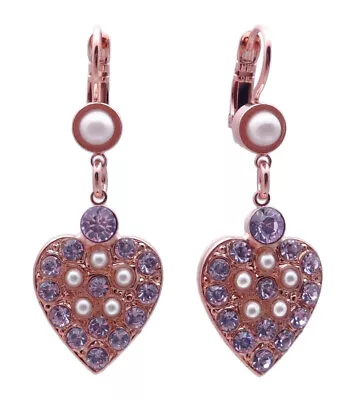 Mariana Romance Rose Gold Earrings Pearl With Purple Crystal Heart Dangle 139-10 • $46.90