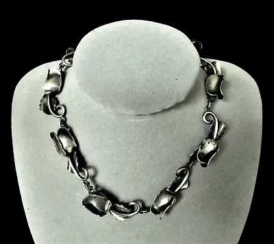 VINTAGE SILVER ART DECO ROSE BUD CHAIN NECKLACE BY McCLELLAND BARCLAY - USA • $192.50