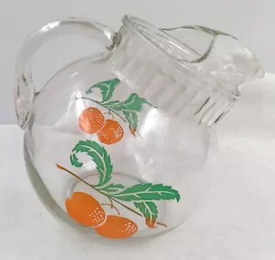 Anchor Hocking Ball Pitcher Jug Orange Juice Clear Glass Fruit Decal Vintage USA • $14.99